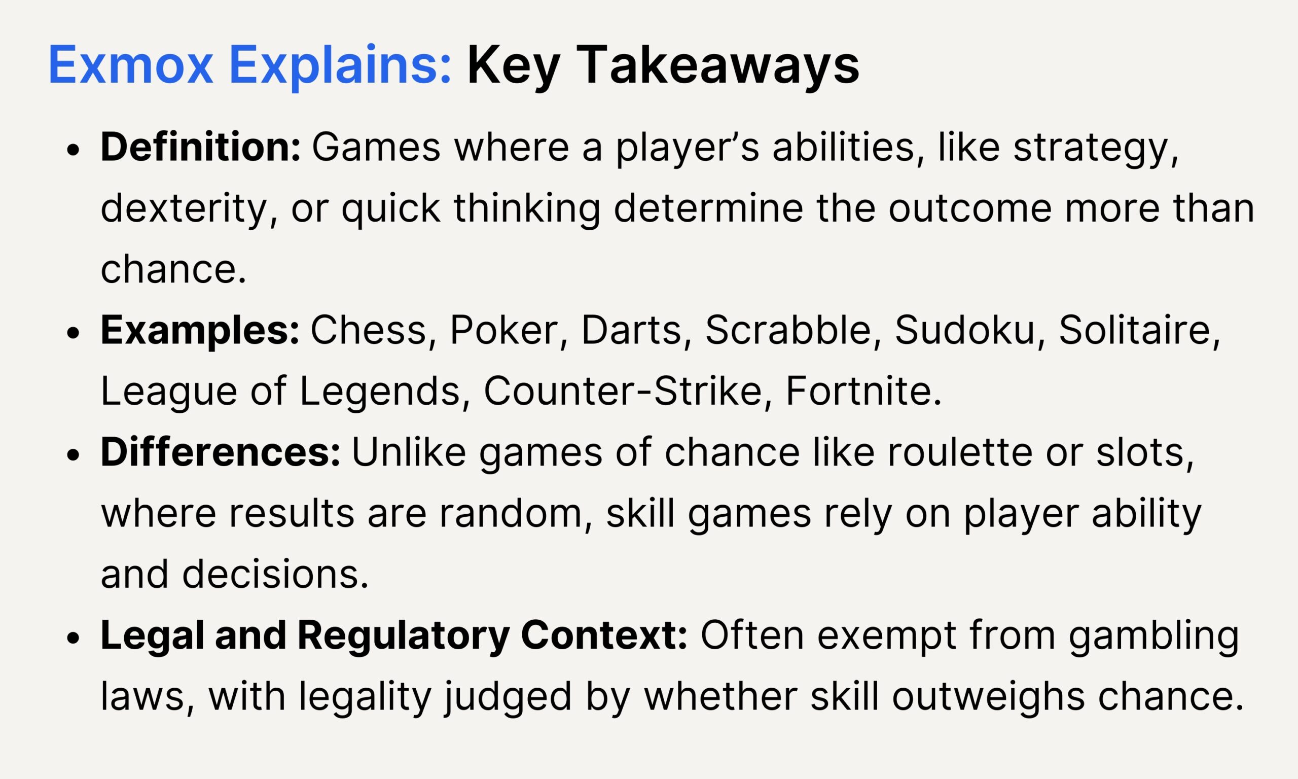 Skill Games Key Takeaways Infographic of key takeaways about match-3 games. Basic mechanics: Match-3 games involve swapping adjacent tiles to align three or more identical tiles, causing them to disappear and make room for new ones.<br />
Strategic play: Players should plan their moves to create combos and trigger cascades, where one match triggers another to maximize score and efficiency.<br />
Power-ups: Special tiles created by matching four or more tiles act as power-ups that clear rows, columns, or areas.<br />
Lives: Failing a level costs a life, which replenishes over time or can be purchased to continue playing.
